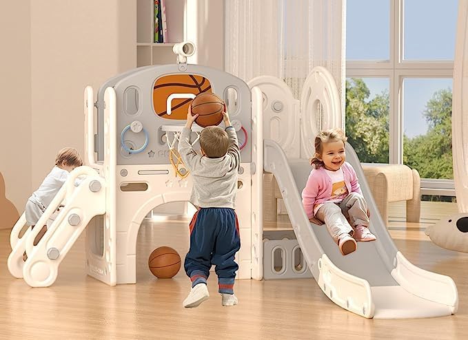 UNICOO Kids Slide Playset, Toddlers Playground, Kids Playhouse with Slide, Tunnel, Basketball, Climber and Storage Space