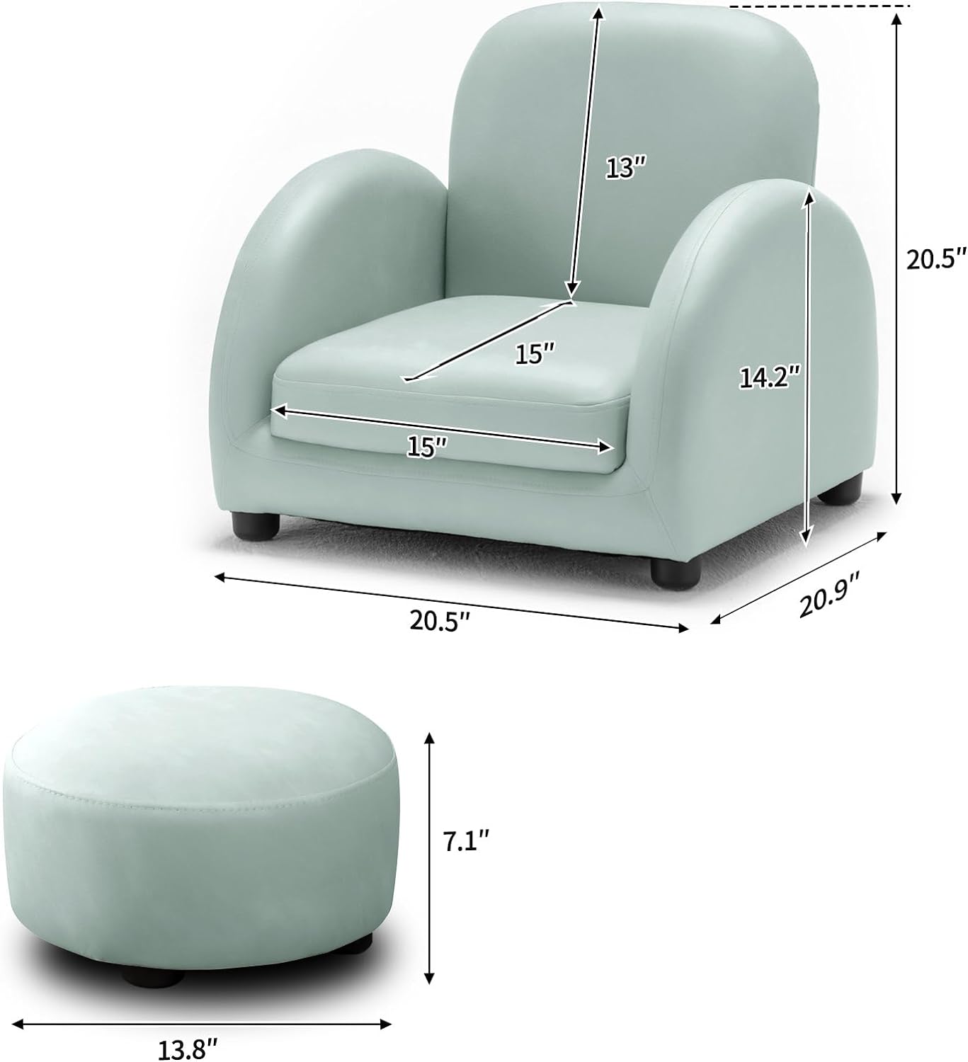 UNICOO Kids Chair Children’s Sofa with Footstool, Upholstered Couch, Sturdy Wood Construction with Faux Leather Cover, 5 Back Rest Positions, Mini Couch for Toddler (ZKL-K2130)