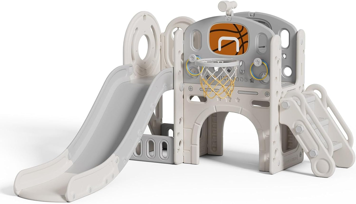 UNICOO Kids Slide Playset, Toddlers Playground, Kids Playhouse with Slide, Tunnel, Basketball, Climber and Storage Space