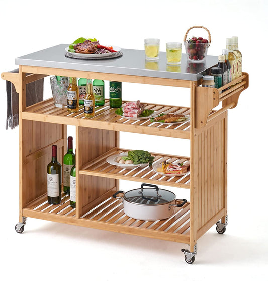 UNICOO – Bamboo Kitchen Rolling Utility Trolley Cart with Stainless Steel Top. Ding Rolling Cart, Kitchen Worktable, Outdoor BBQ Food Prep Cart, Multifunctional Flattop Bar Cart