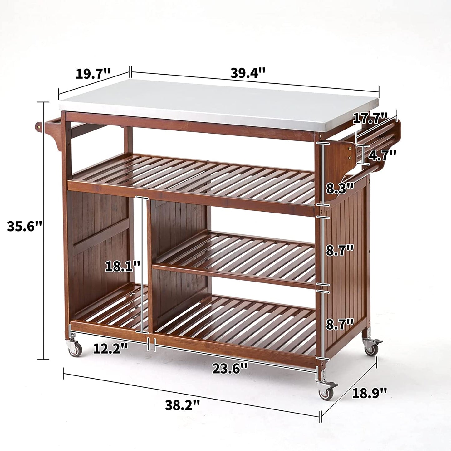 UNICOO – Carrito de cocina de bambú con ruedas y cubierta de acero inoxidable. Carrito con ruedas, mesa de trabajo, carrito para barbacoa al aire libre, carrito de bar multifuncional con cubierta plana.