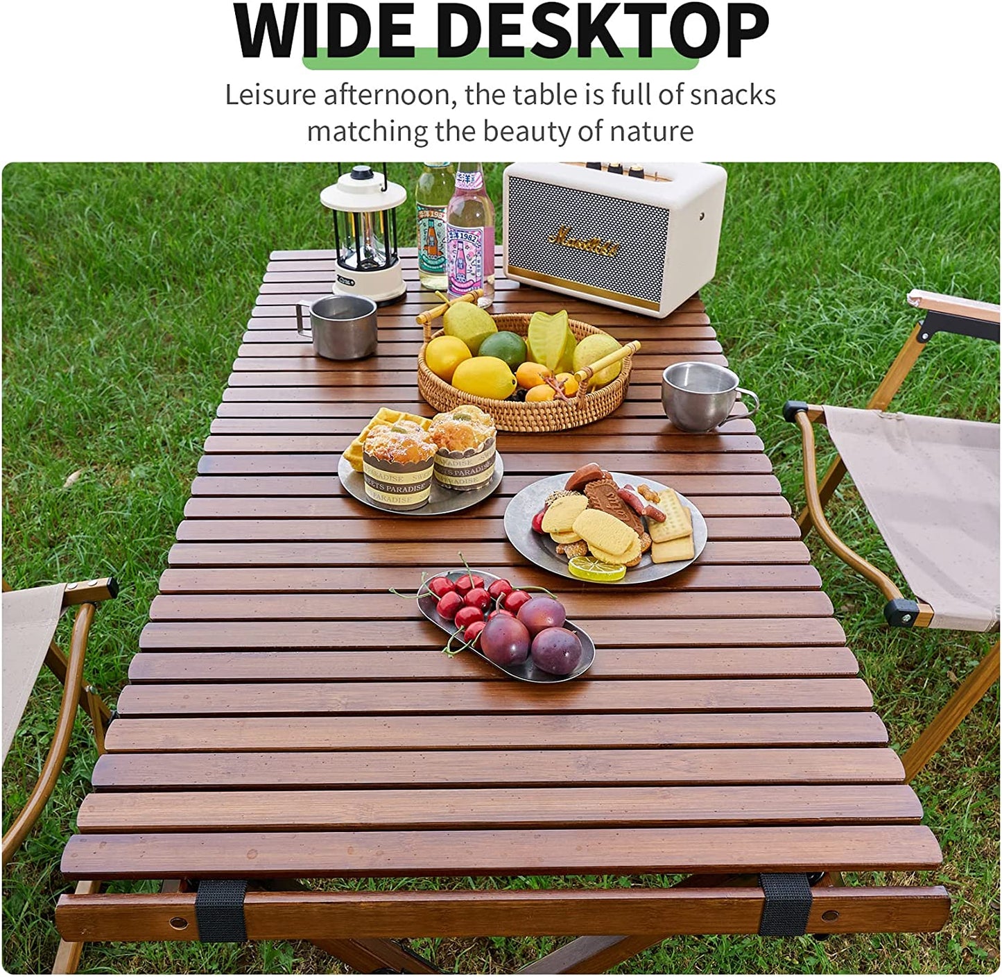 UNICOO - Bamboo Folding Picnic Table, Portable Roll-Up Camping Table with Carry Bag, Low Height BBQ & Beach Table for Indoor/Outdoor Parties, Picnics & Hiking