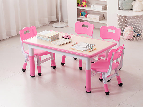 UNICOO Kids Table and 4 Chairs Set | Height Adjustable Arts & Crafts Table for Ages 3-10 | Childrens Activity Table | Preschool Furniture with Ergonomic Chairs | Easy-Clean Writable Top 21.6” x 39.4”