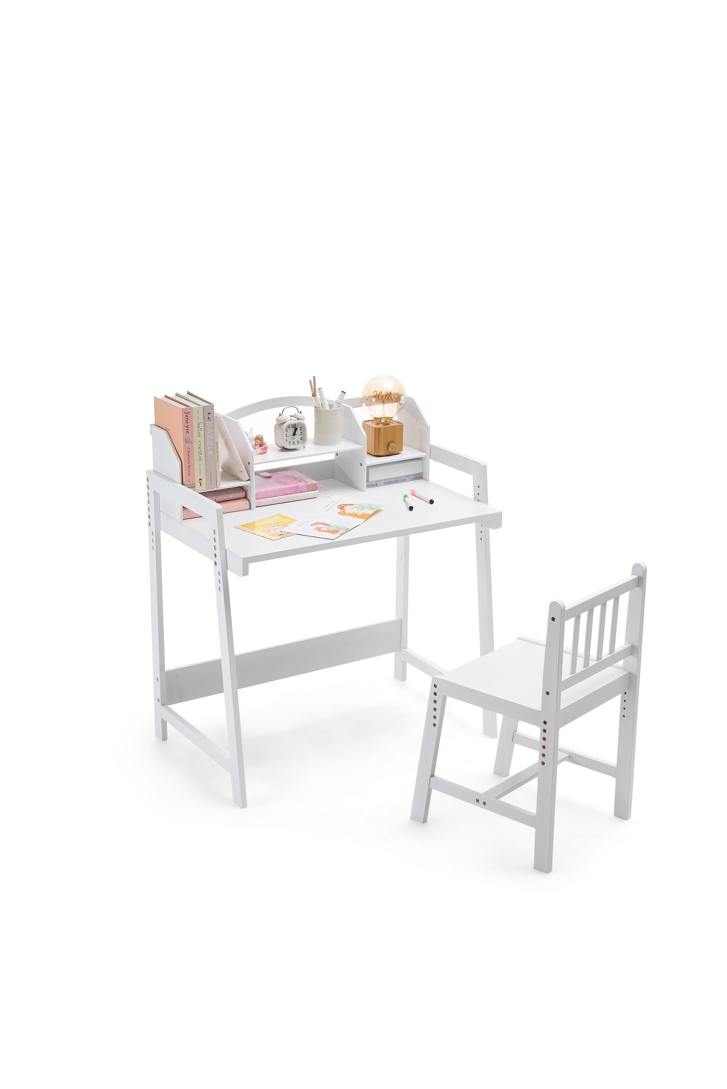 UNICOO Adjustable Kids Desk and Chair Set – 100% Natural Bamboo, with Storage Hutch, for Ages 3–10 (01)