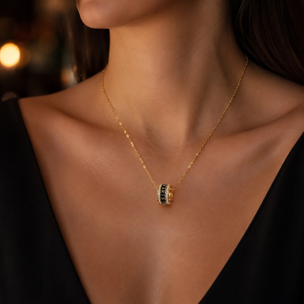 PARISTORY Gold-Tone Ring Pendant Necklace with Black Enamel and Sparkling Accents
