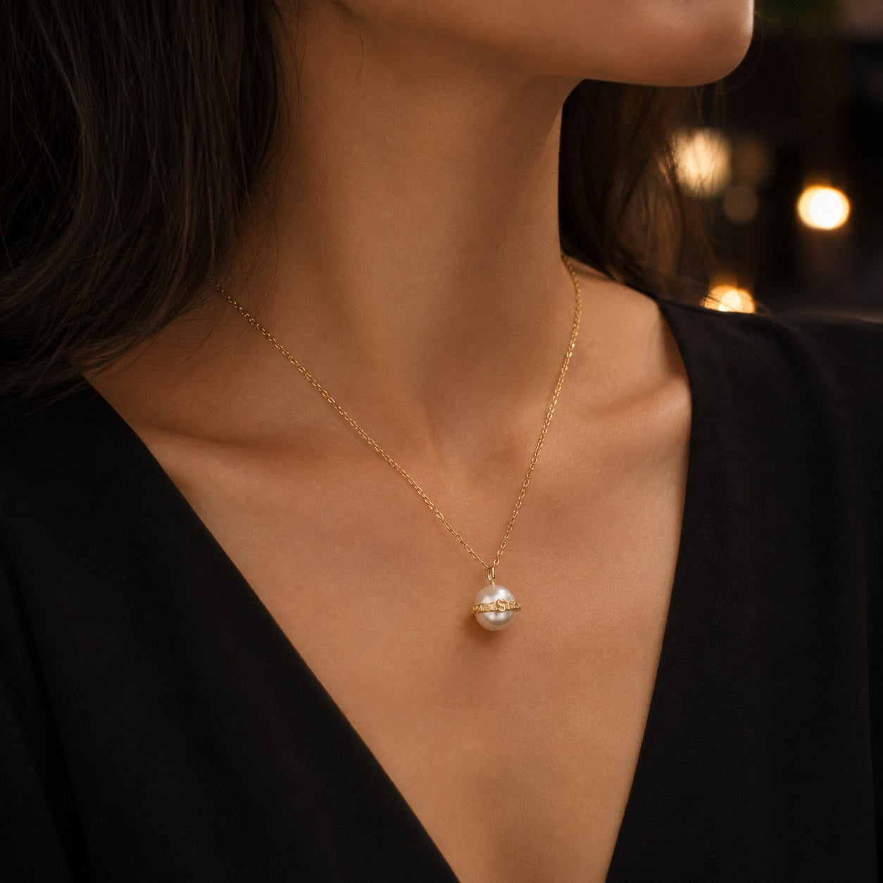 PARISTORY Gold-Tone Pearl Pendant Necklace with Signature Letter Band