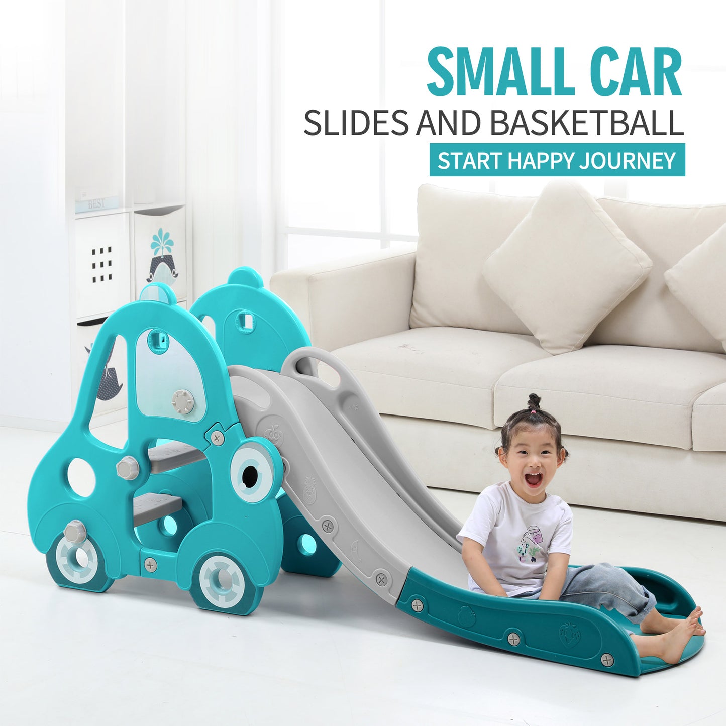 UNICOO – Toddler Car Slide, Kids Large Play Climber Slide Play Set with Extra Long Slipping Slope, Basketball Hoop and Ball, Ideal Gift for Boys and Girls Indoor Outdoor Use