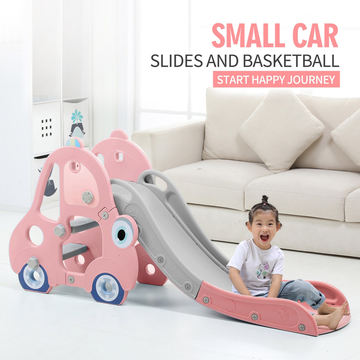 UNICOO – Toddler Car Slide, Kids Large Play Climber Slide Play Set with Extra Long Slipping Slope, Basketball Hoop and Ball, Ideal Gift for Boys and Girls Indoor Outdoor Use