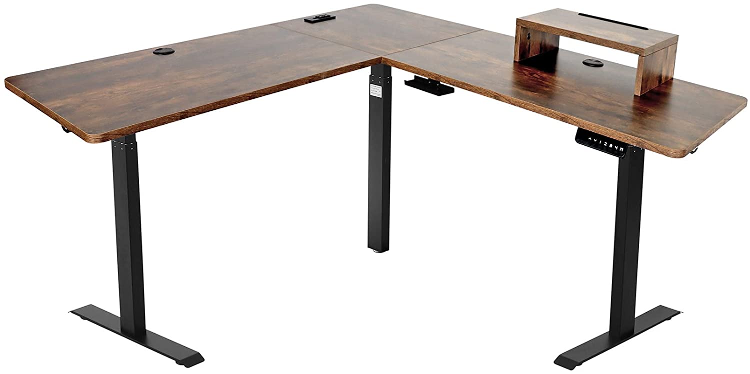 Unikito L Shaped Desk With LED Lights & Power Outlet – Corner Gaming Desk, Rustic Brown