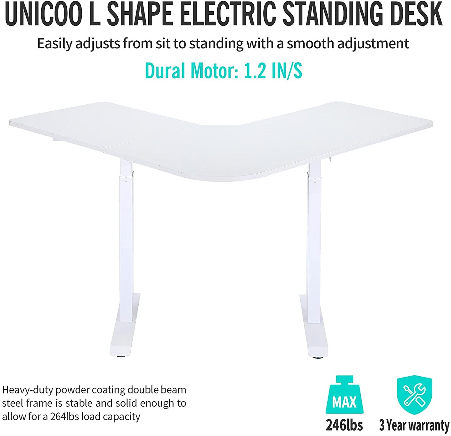 UNICOO - Escritorio de pie eléctrico de altura ajustable con motor dual en forma de L, escritorio de esquina para computadora, escritorio para juegos en casa, estación de trabajo para escribir en la oficina (XOT-L)