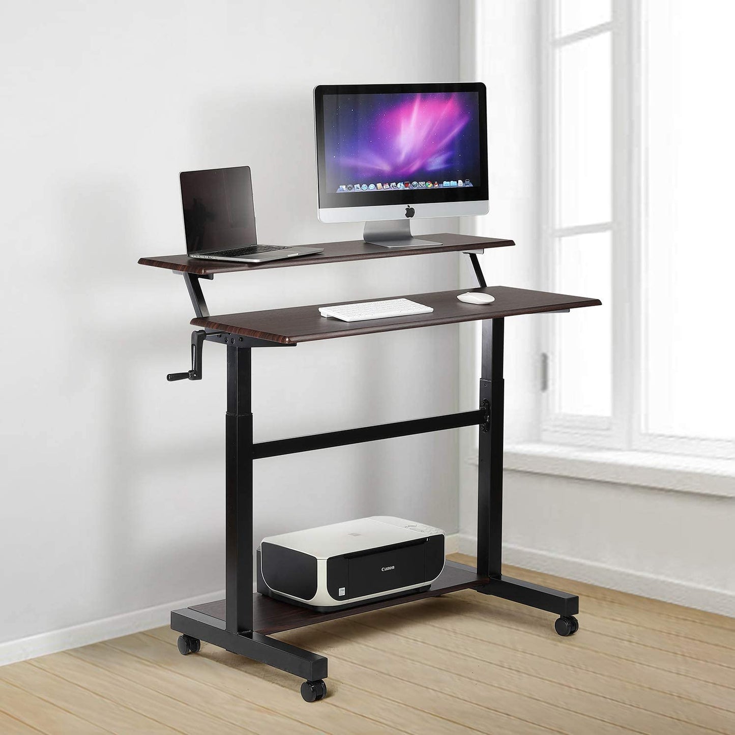 UNICOO – Crank Adjustable Height Standing Desk, 2 Tier Adjustable Sit to Stand up Desk, Mobile Standing Desk, Rolling Desk 2T-Crank