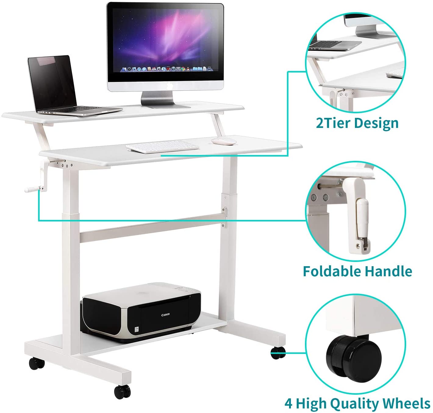 UNICOO – Crank Adjustable Height Standing Desk, 2 Tier Adjustable Sit to Stand up Desk, Mobile Standing Desk, Rolling Desk 2T-Crank