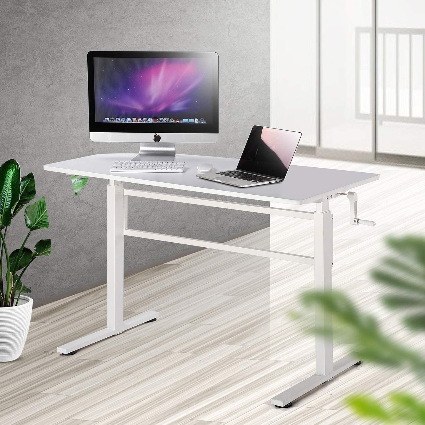 UNICOO - Escritorio de pie con altura ajustable con manivela, escritorio de pie o sentado con altura ajustable, mesa de computadora para oficina en casa, mesa de estudio para escribir SYK01