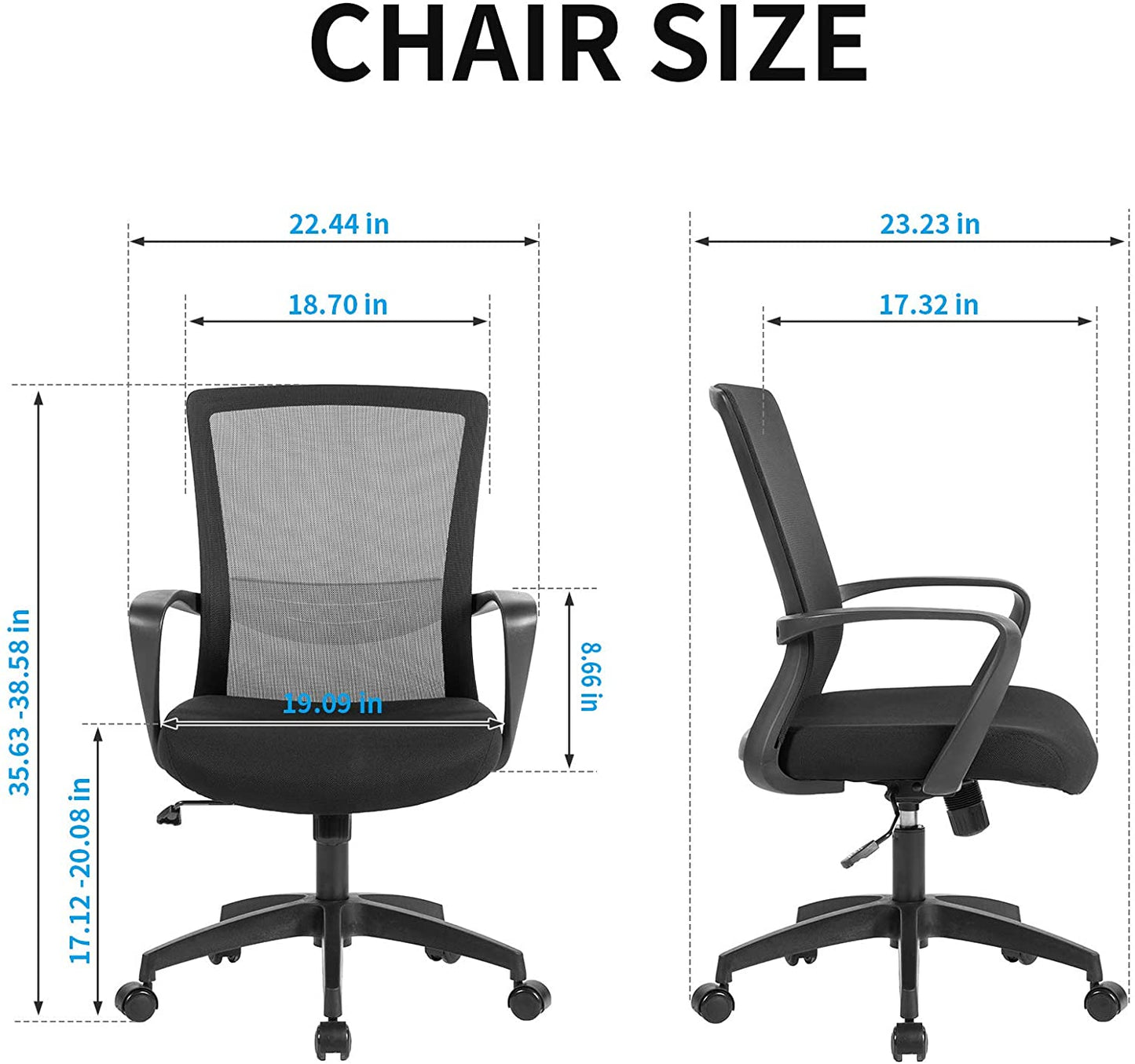 UNICOO – Silla ergonómica giratoria con respaldo medio para oficina en casa, silla de malla para computadora, silla de escritorio, sillas cómodas para el hogar con reposabrazos (W-208-1 Negro)