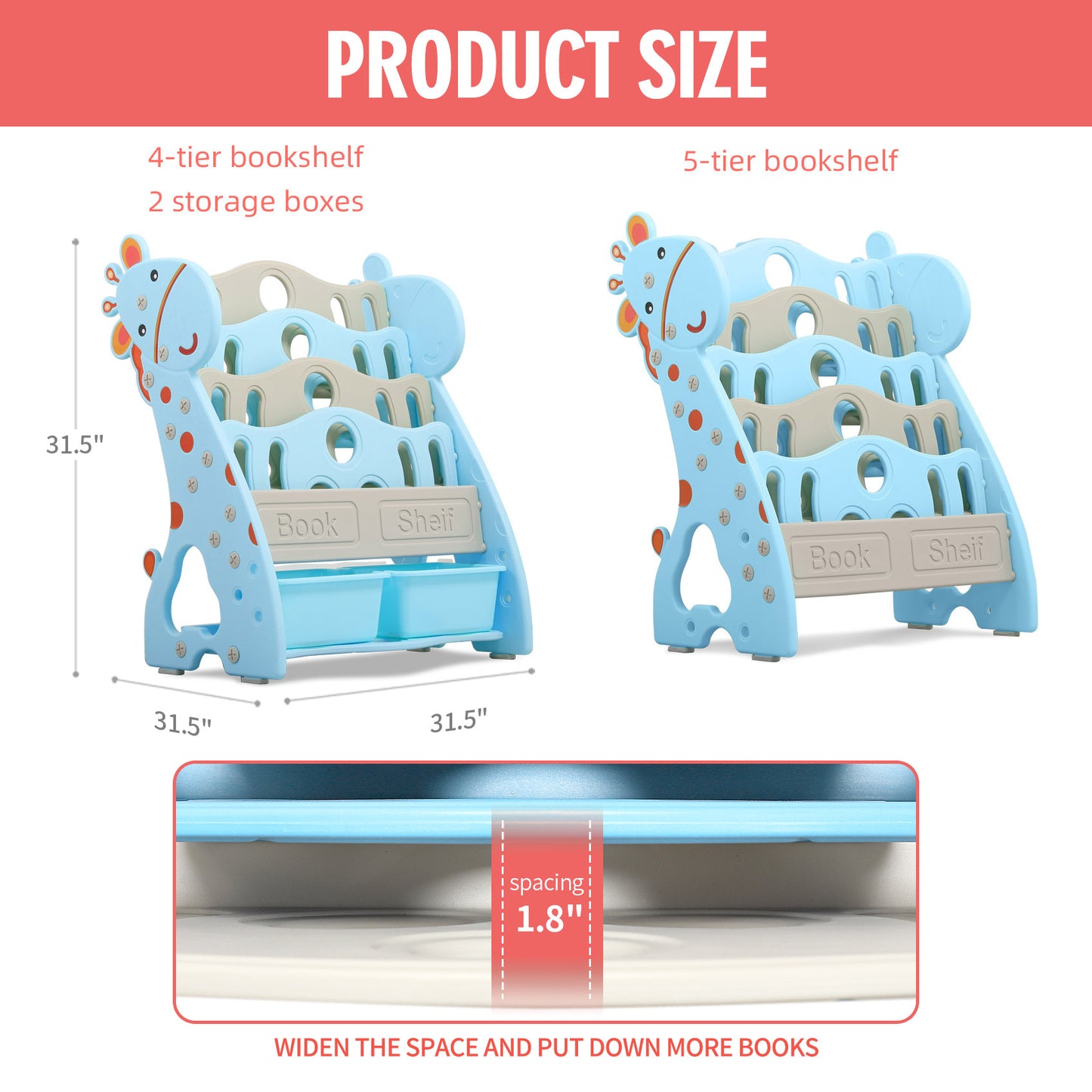 UNICOO - Toddlers Plastic Multi-Layer Bookshelf for Child's Bedroom Playroom, Toy Storage Organizers with 2 Storage Boxes, Children Bookshelf