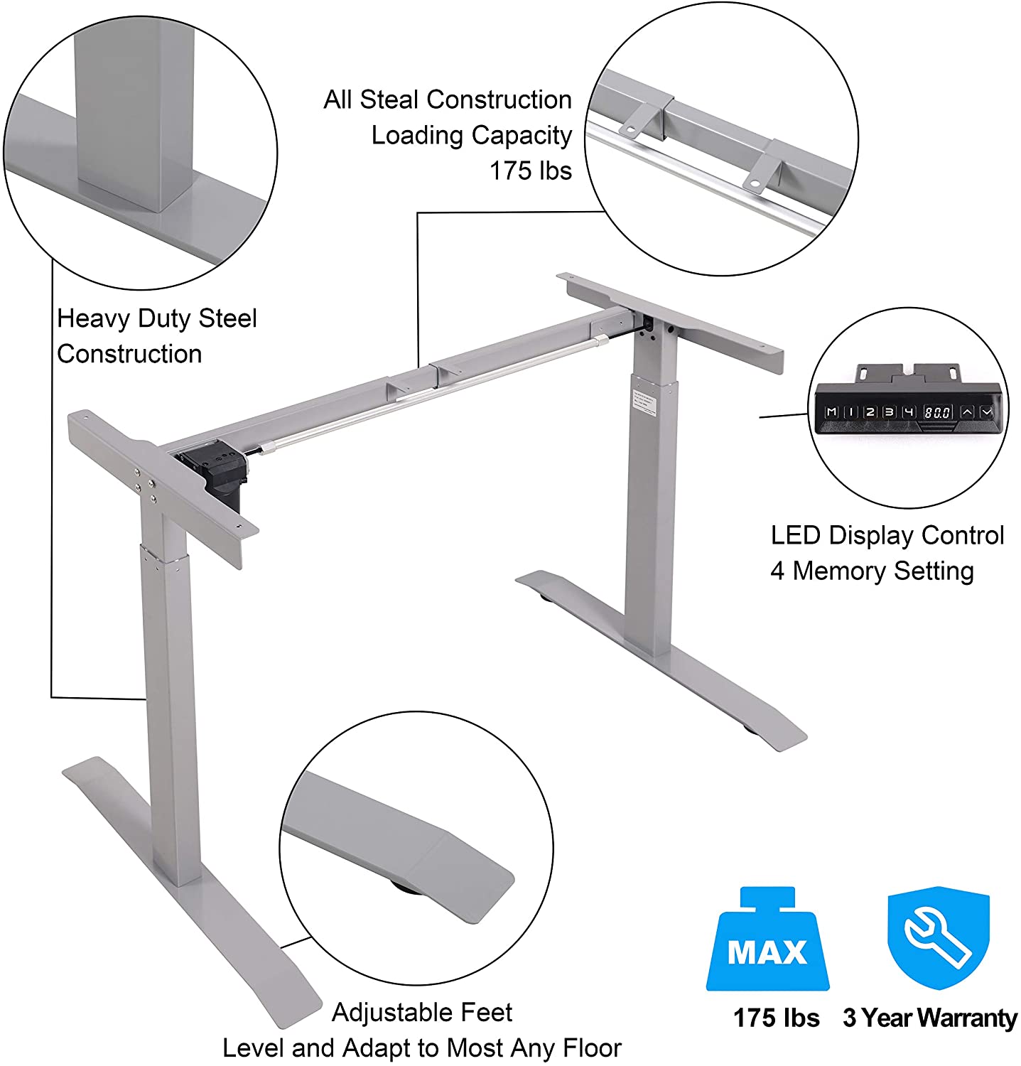UNICOO - Electric Stand Up Desk Frame, Standing Desk Frame, Single Motor Ergonomic Standing Height Adjustable Base with 4 Memory LED Control Panel (Single Motor Frame)