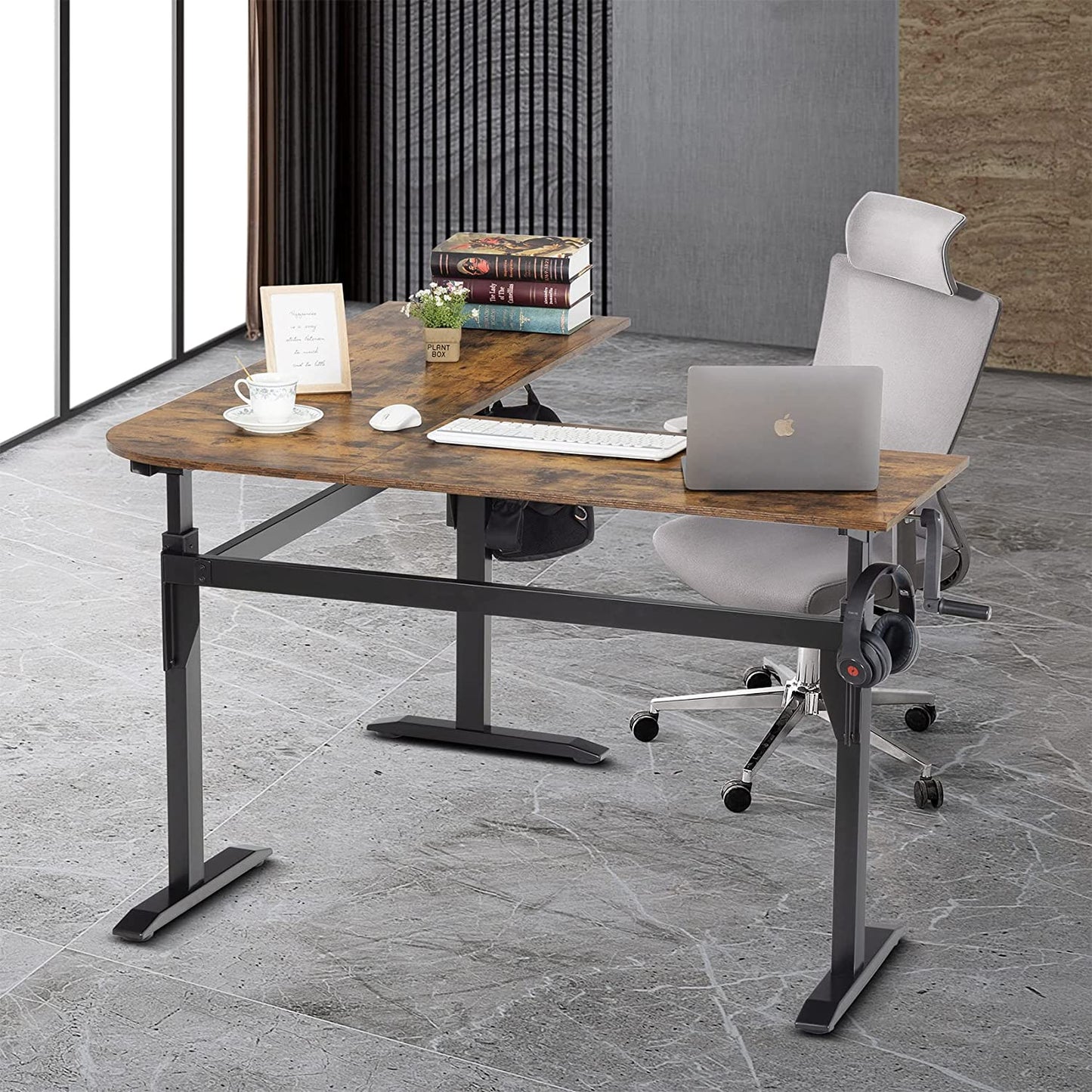 UNICOO – Escritorio de pie en forma de L con manivela y altura ajustable, escritorio de esquina para trabajar sentado o de pie, estación de trabajo de pie en forma de L (XJH-LC-White-2 paquetes)