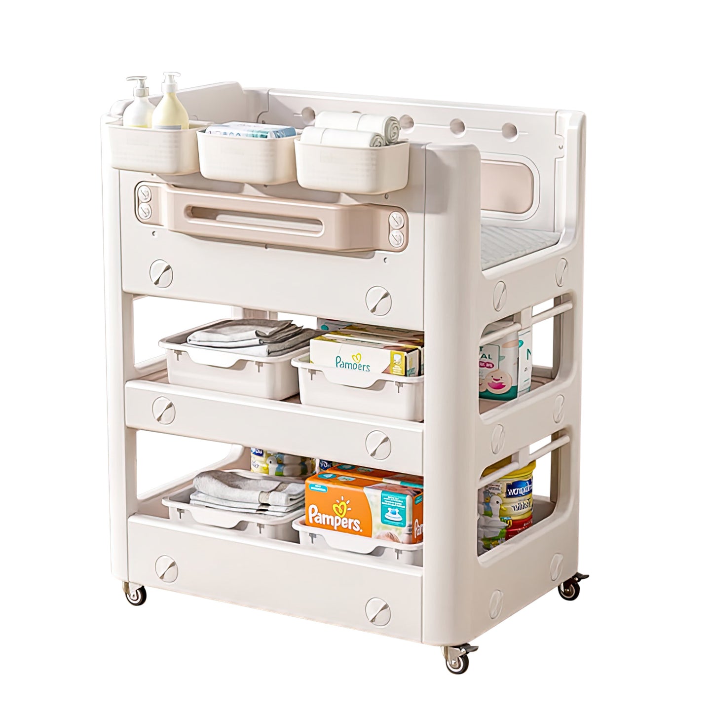 UNICOO Multifunctional Baby Nursery Essentials Organizer Cart & Baby Changing Table, Newborn Diaper Changing Station