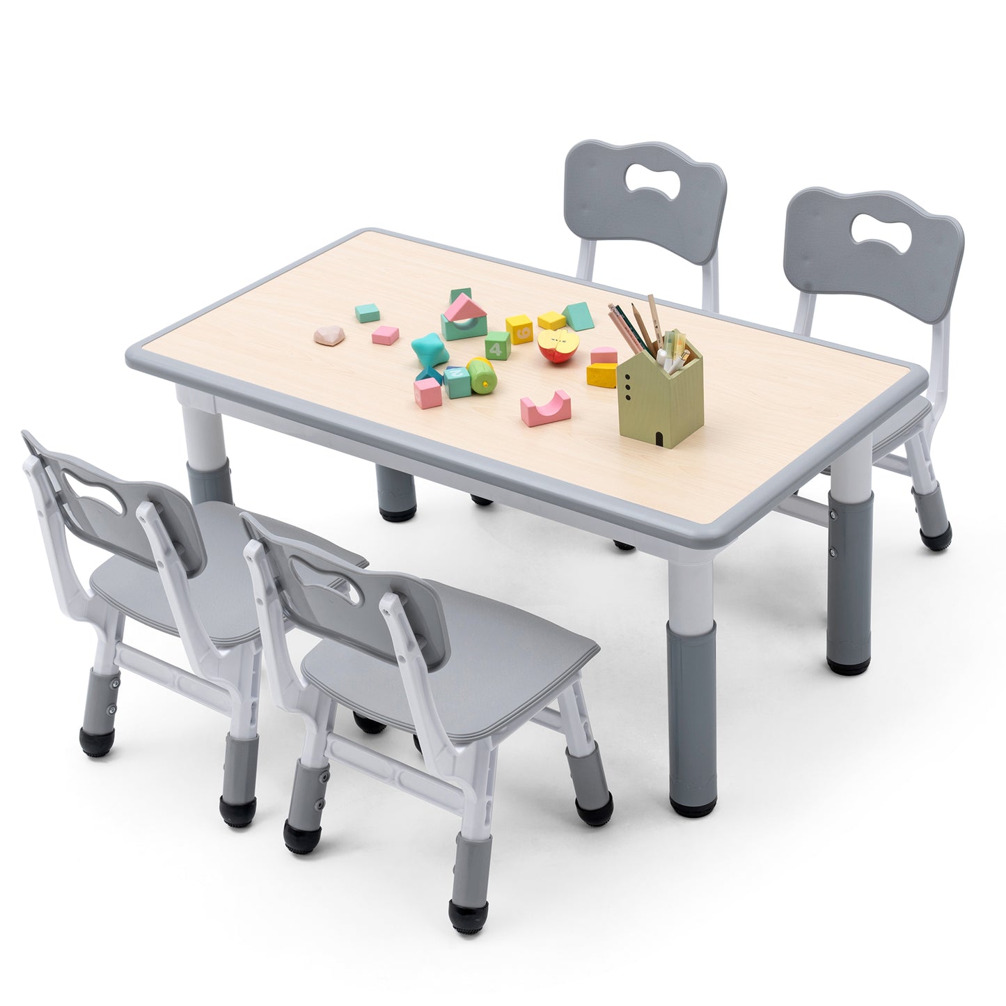 UNICOO Kids Table and 4 Chairs Set | Height Adjustable Arts & Crafts Table for Ages 3-10 | Childrens Activity Table | Preschool Furniture with Ergonomic Chairs | Easy-Clean Writable Top 21.6” x 39.4”