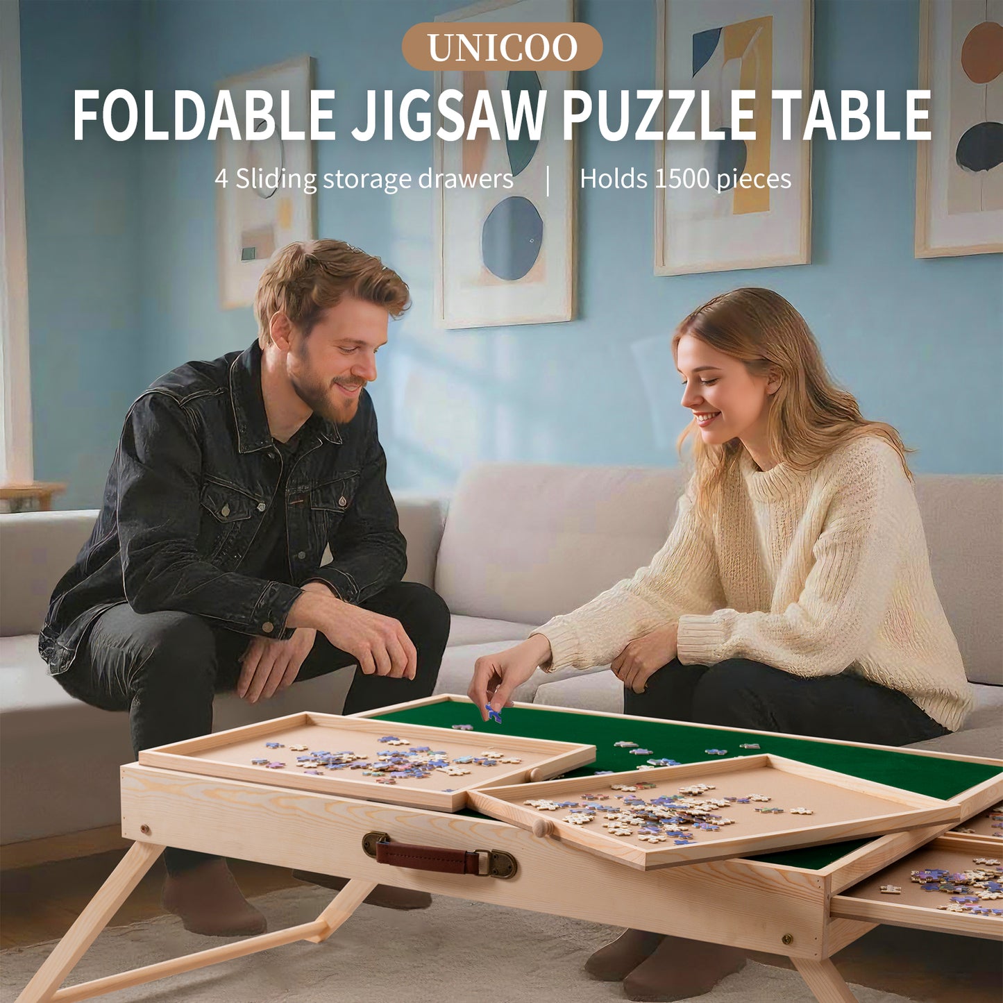 UNICOO® Folding Jigsaw Puzzle Table with 4 Storage Drawers – Holds Up to 1500 Pieces | Portable Jigsaw Puzzle Board with Felt Surface & Folding Legs for Adults, Seniors & Family