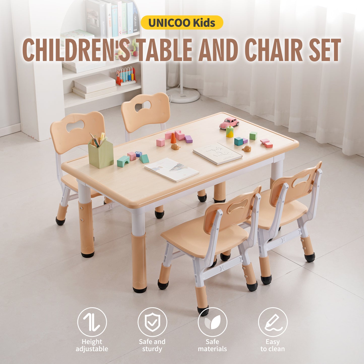 UNICOO Kids Table and 4 Chairs Set | Height Adjustable Arts & Crafts Table for Ages 3-10 | Childrens Activity Table | Preschool Furniture with Ergonomic Chairs | Easy-Clean Writable Top 21.6” x 39.4”