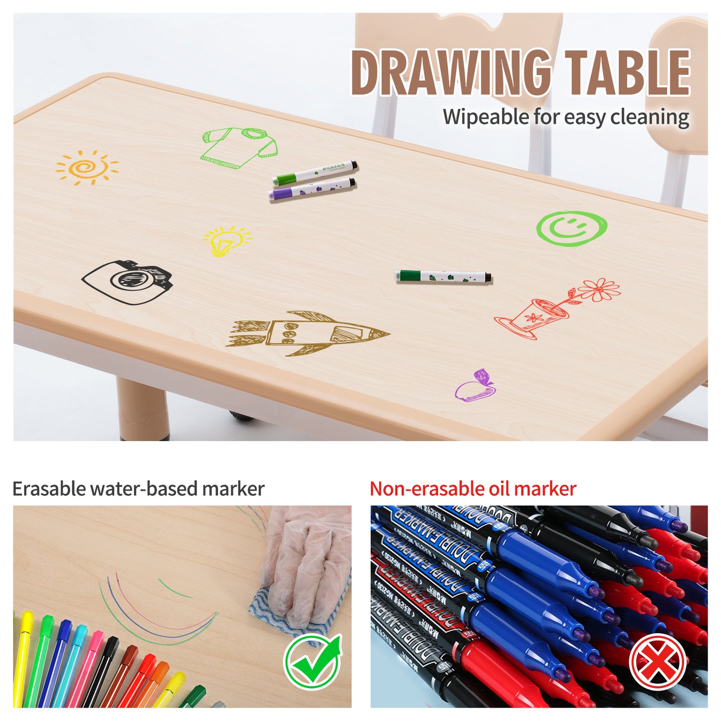 UNICOO Kids Table and 4 Chairs Set | Height Adjustable Arts & Crafts Table for Ages 3-10 | Childrens Activity Table | Preschool Furniture with Ergonomic Chairs | Easy-Clean Writable Top 21.6” x 39.4”