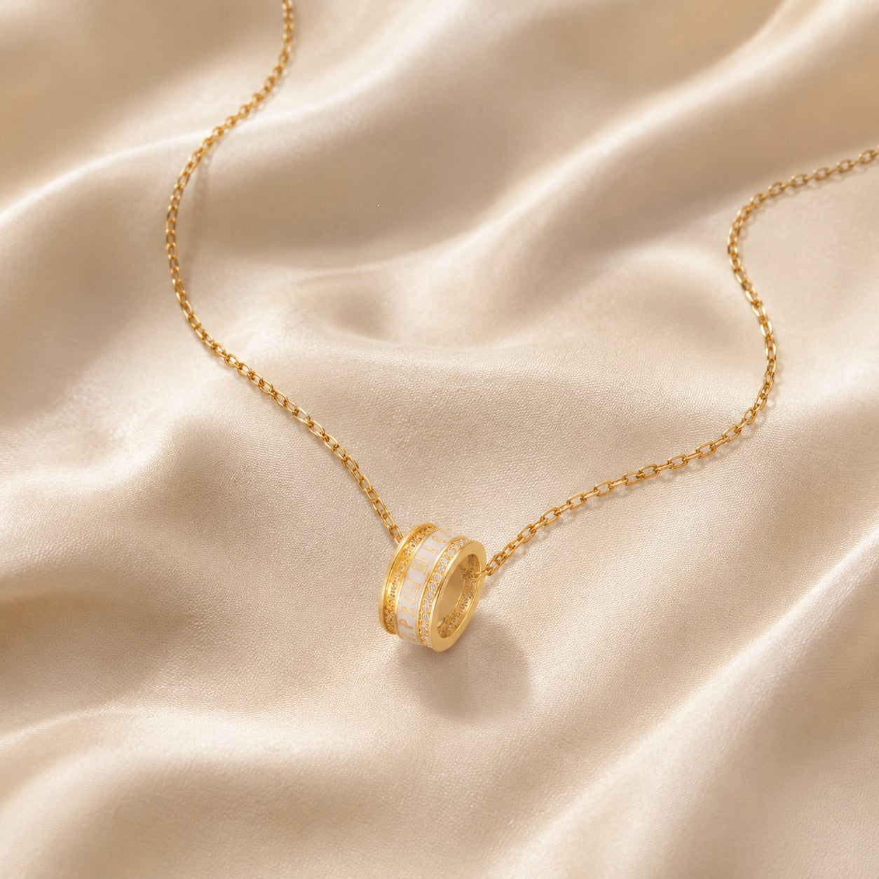 PARISTORY Gold-Tone Ring Pendant Necklace with White Enamel and Sparkling Accents