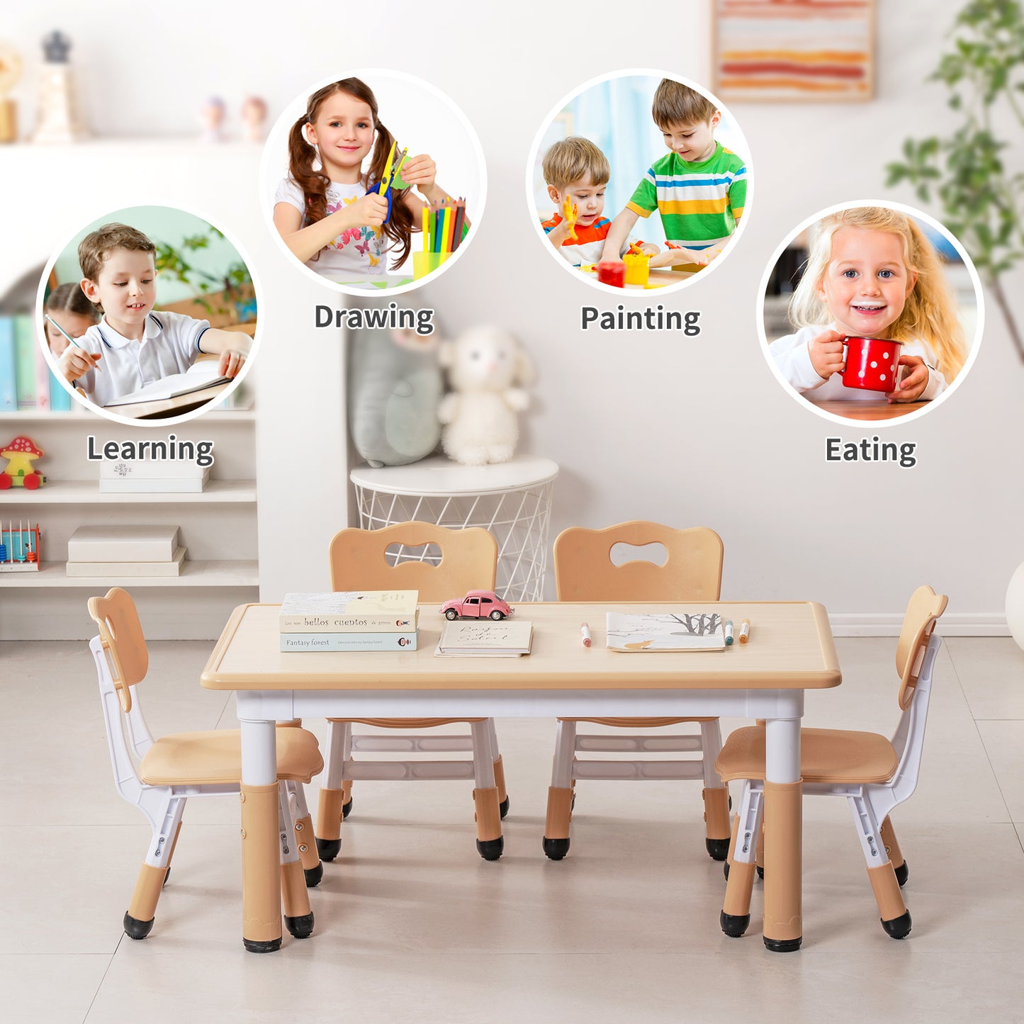 UNICOO Kids Table and 4 Chairs Set | Height Adjustable Arts & Crafts Table for Ages 3-10 | Childrens Activity Table | Preschool Furniture with Ergonomic Chairs | Easy-Clean Writable Top 21.6” x 39.4”