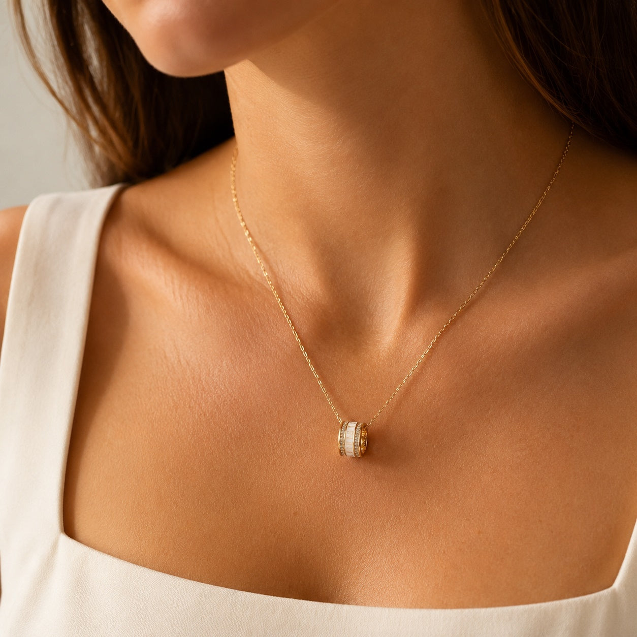 PARISTORY Gold-Tone Ring Pendant Necklace with White Enamel and Sparkling Accents