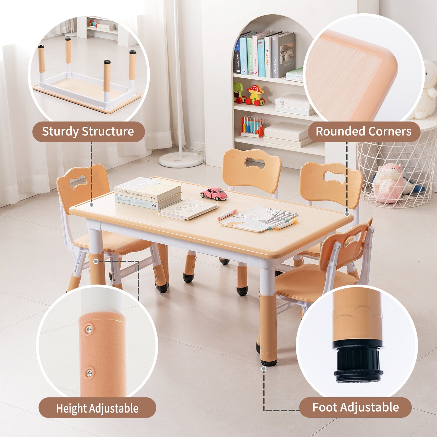 UNICOO Kids Table and 4 Chairs Set | Height Adjustable Arts & Crafts Table for Ages 3-10 | Childrens Activity Table | Preschool Furniture with Ergonomic Chairs | Easy-Clean Writable Top 21.6” x 39.4”