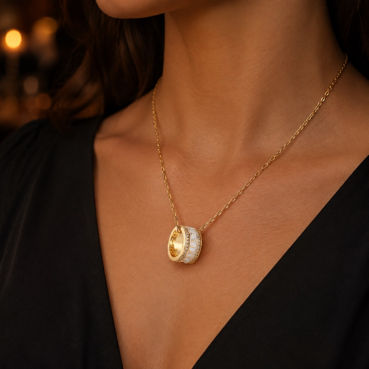 PARISTORY Gold-Tone Ring Pendant Necklace with White Enamel and Sparkling Accents