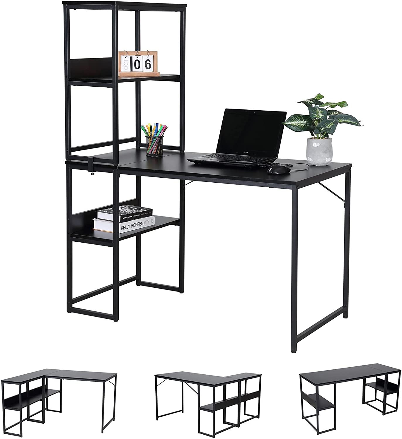 UNICOO – Muti-Function 3 Combination Computer Desk. L Shaped Computer Desk with Shelves, Study Desk with Reversible Storage Shelves for Home Office (XJH-2402)