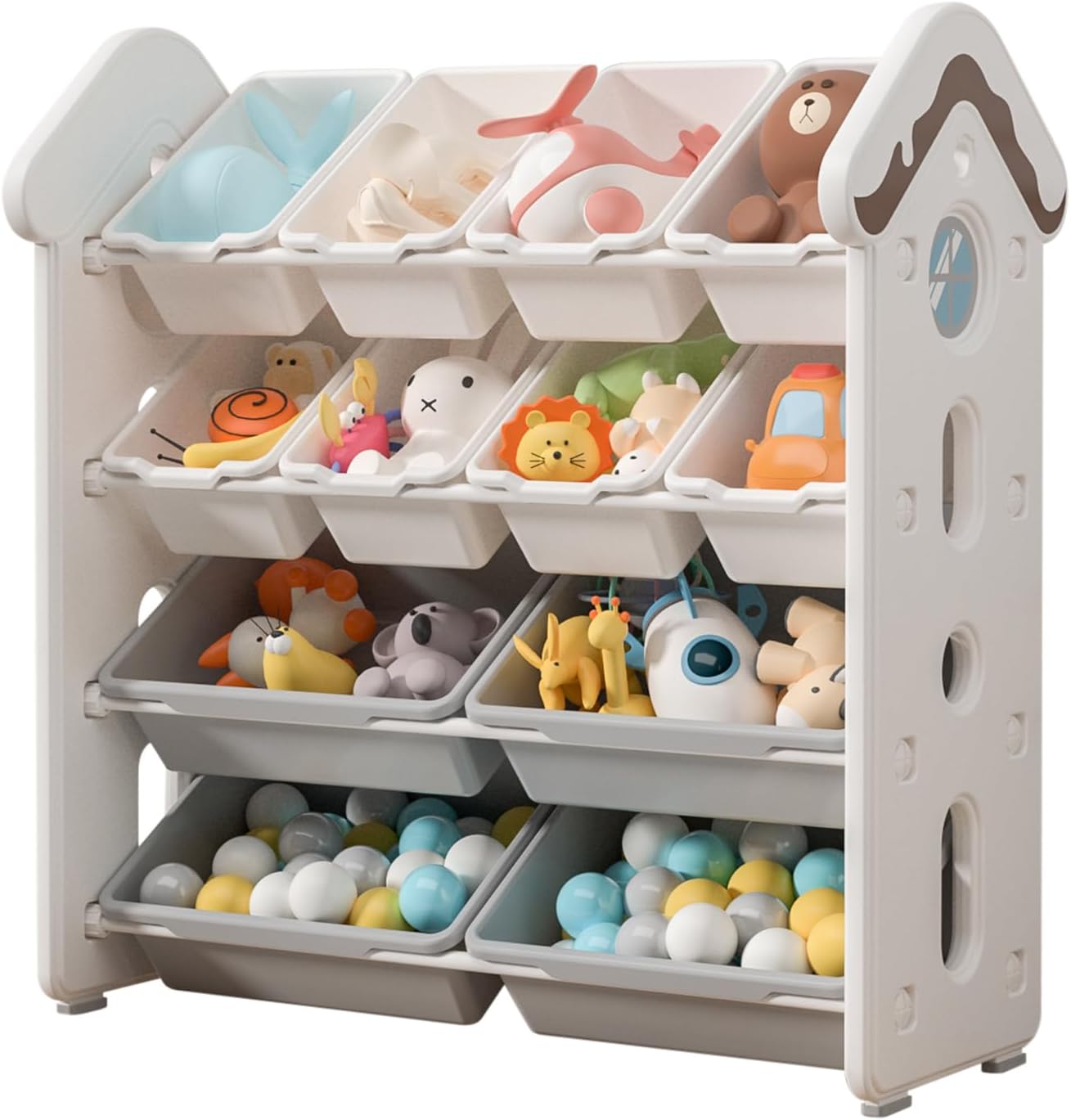 UNICOO Candy House Design Kids Toy Storage Organizer, Kids 4-Tier Toy Storage Rack with 12 Bins