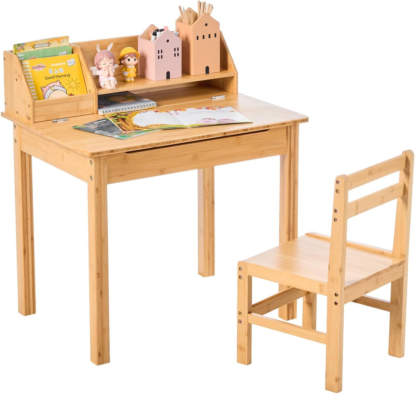 UNICOO Bamboo Kids Desk and Chair Set, Lift-Top Desk & Chair Set for 3-8 Years Old, Children Writing Desk with Storage and Hutch for Home School Use (C007)