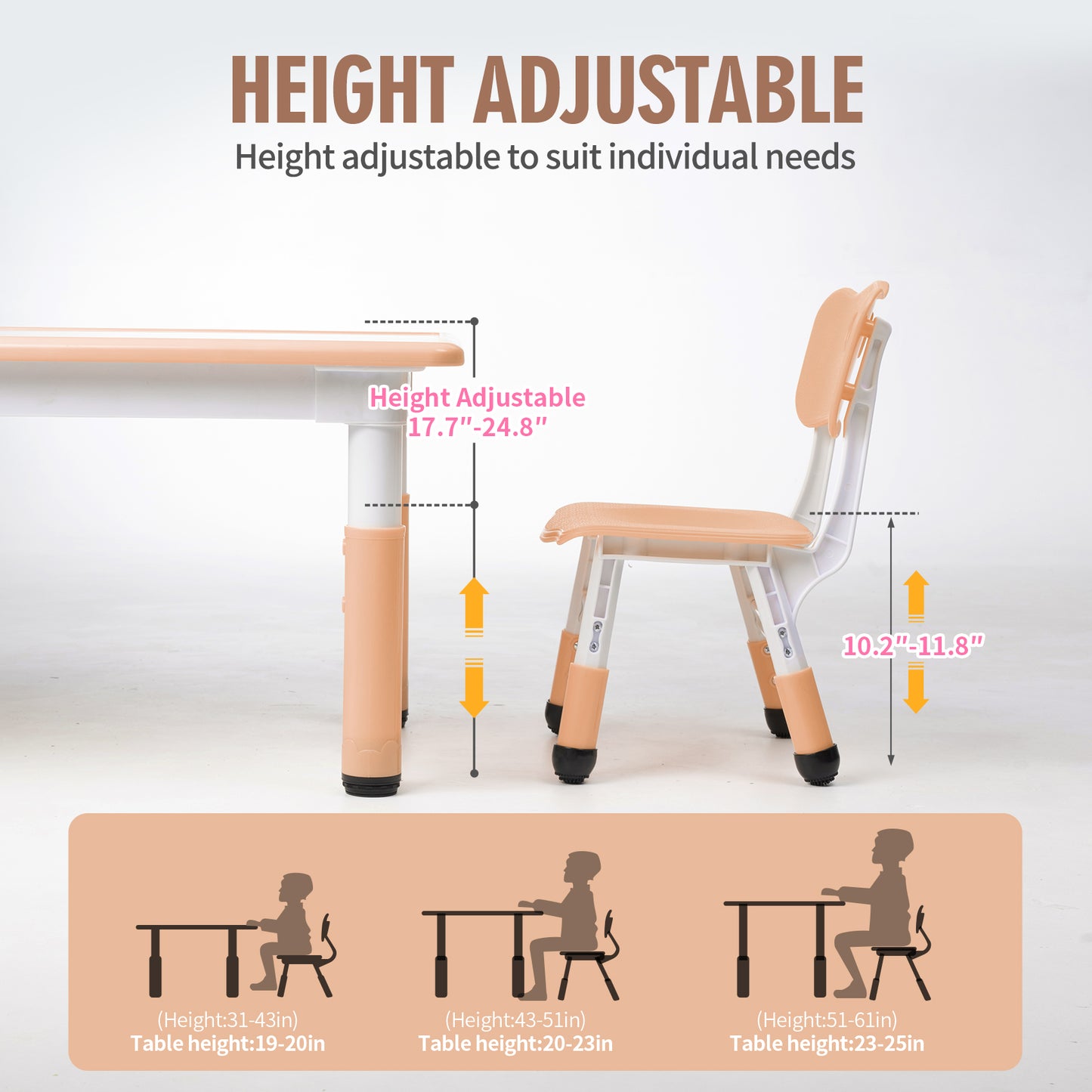 UNICOO Kids Table and 4 Chairs Set | Height Adjustable Arts & Crafts Table for Ages 3-10 | Childrens Activity Table | Preschool Furniture with Ergonomic Chairs | Easy-Clean Writable Top 21.6” x 39.4”