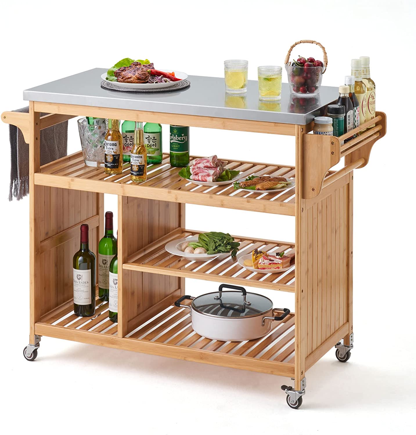 UNICOO – Bamboo Kitchen Rolling Utility Trolley Cart with Stainless Steel Top. Ding Rolling Cart, Kitchen Worktable, Outdoor BBQ Food Prep Cart, Multifunctional Flattop Bar Cart