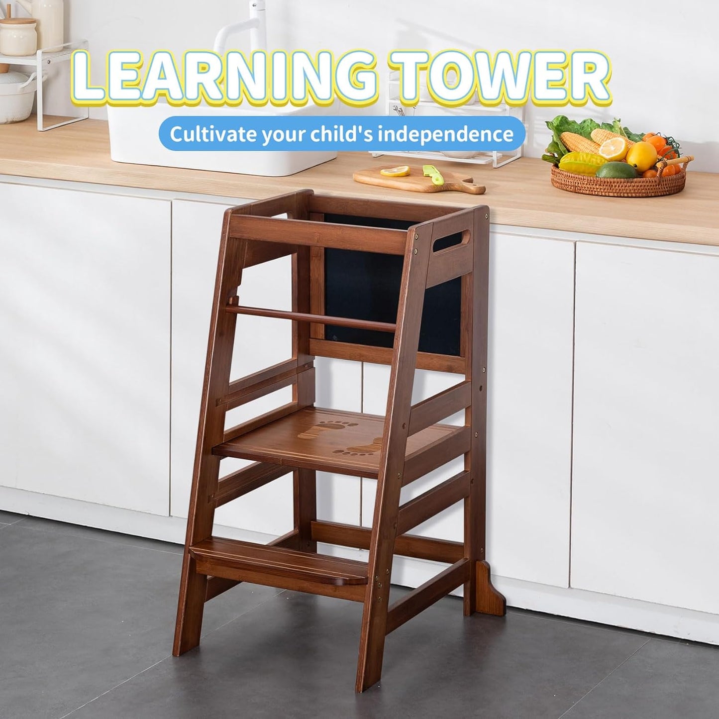 UNICOO Bamboo Adjustable Height Kids Kitchen Step Stool, Toddler Learning Tower & Helper Stool for Bathroom, Kitchen Counter - Designed for Toddler's Growth and Independence (P042)