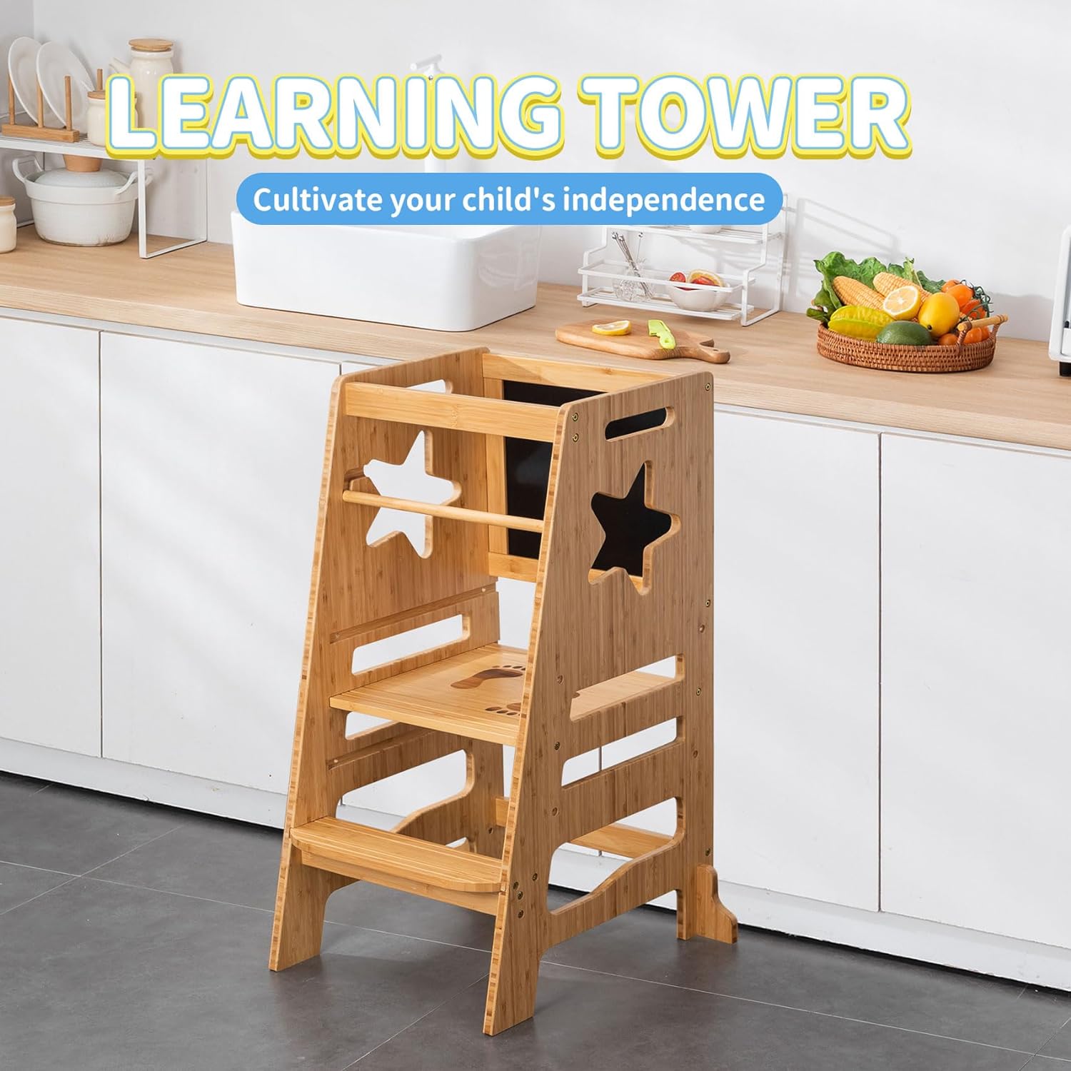 UNICOO Montessori Learning Tower Safe Step Stool for Little Explorers,  Perfect Tower for Growing Skills Ideal Assistant for Tiny Chefs in The  Kitchen