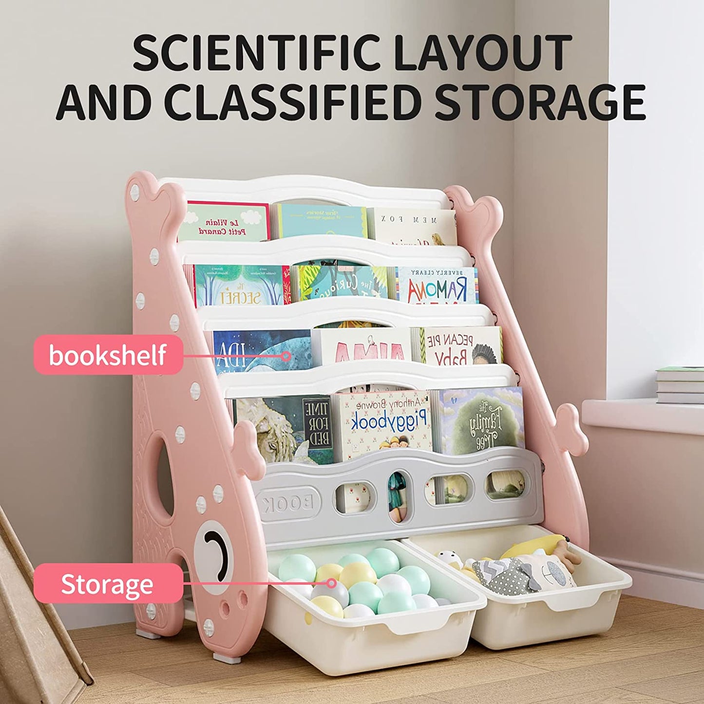 UNICOO – Kids 5 Tier Bookshelf with 2 Toy Bins, Children Bookshelf & Toy Organizer Baby Whale Bookshelf