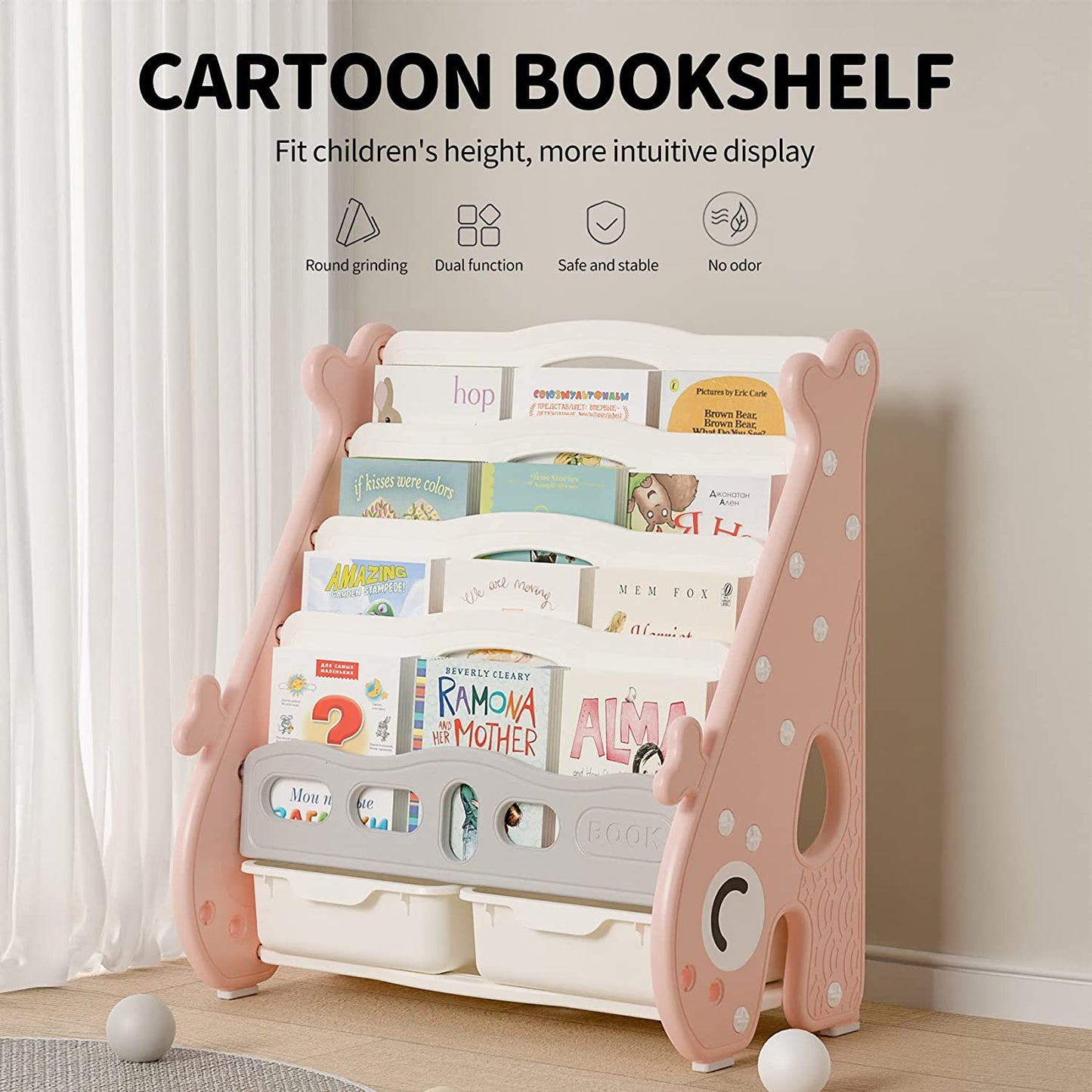 UNICOO – Kids 5 Tier Bookshelf with 2 Toy Bins, Children Bookshelf & Toy Organizer Baby Whale Bookshelf