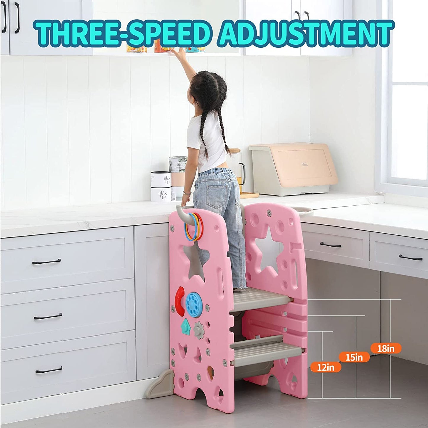 UNICOO –Kids Kitchen Step Stool with Double Safety Rails, Toddler Learning Stool with 3 Adjustable Heights and Non-Slip Foot Pads, Toddler Tower (OMLT)