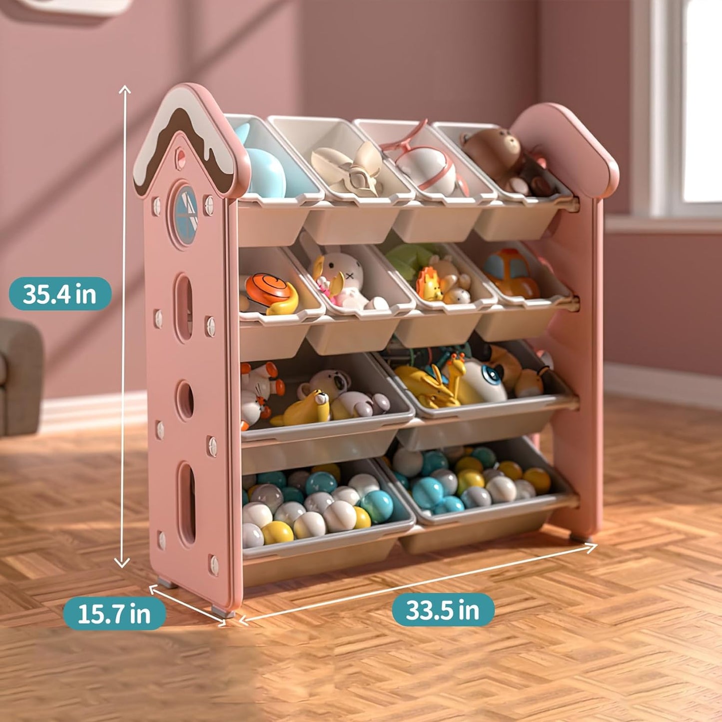 UNICOO Candy House Design Kids Toy Storage Organizer, Kids 4-Tier Toy Storage Rack with 12 Bins