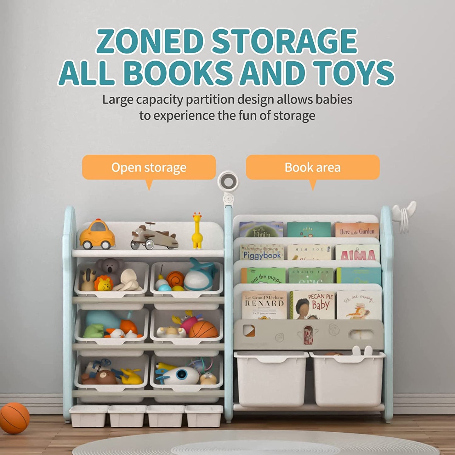 UNICOO - Kids Bookshelf and Toy Storage Organizer, Children Bookshelf, Toy Organizer with Bins, Toddler Books and Toys Organizer