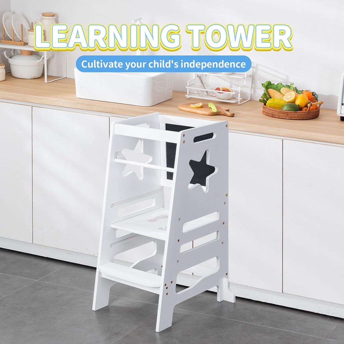 UNICOO Montessori Learning Tower Safe Step Stool for Little Explorers, Perfect Tower for Growing Skills Ideal Assistant for Tiny Chefs in The Kitchen with Engaging Activity Board (S033)