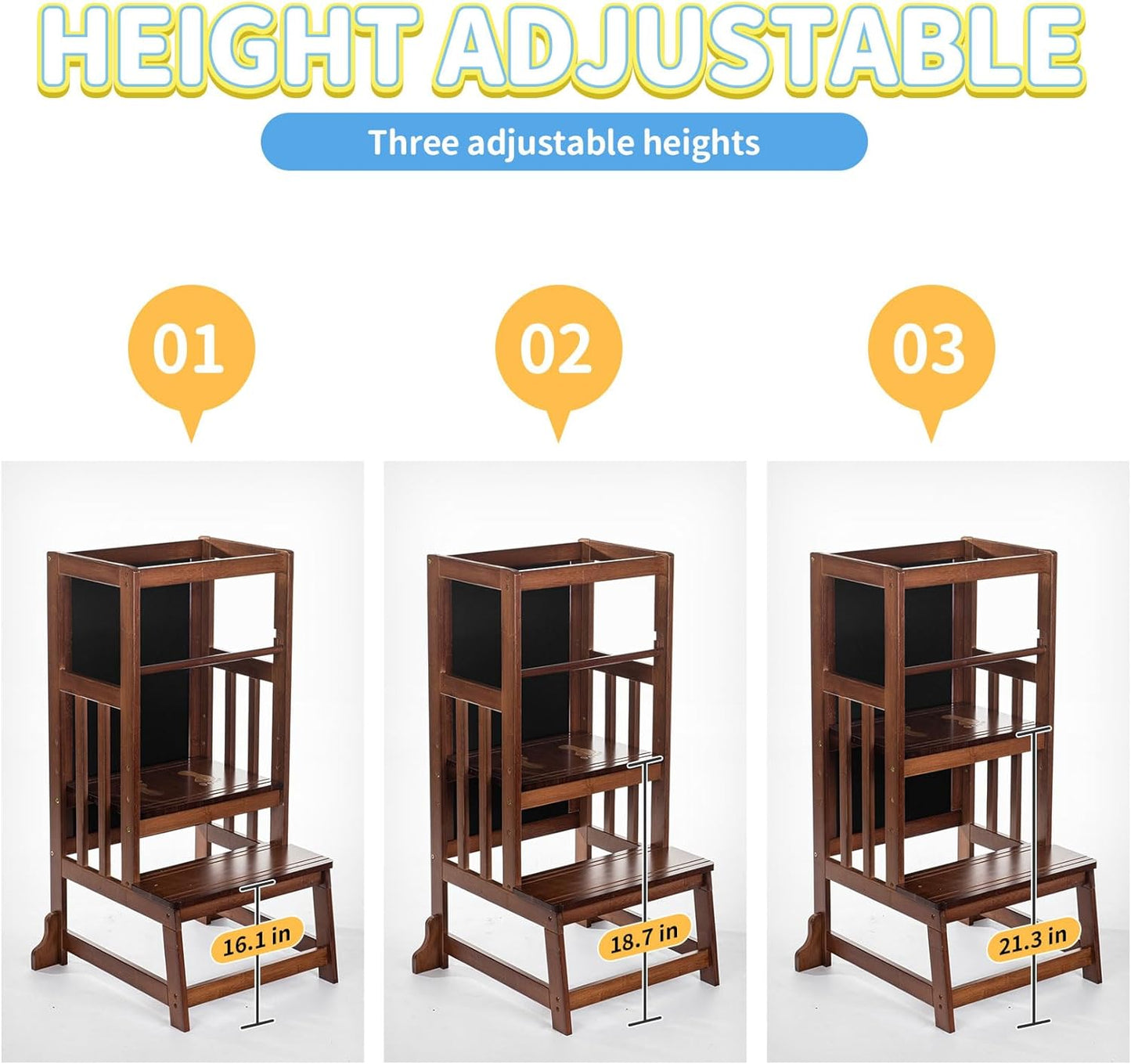 UNICOO Bamboo Adjustable Height Kids Learning Step Stool, Toddler Kitchen Standing Tower, Montessori Style Kitchen Step Stool with Double-Side Art Board for Creative Play (D057)