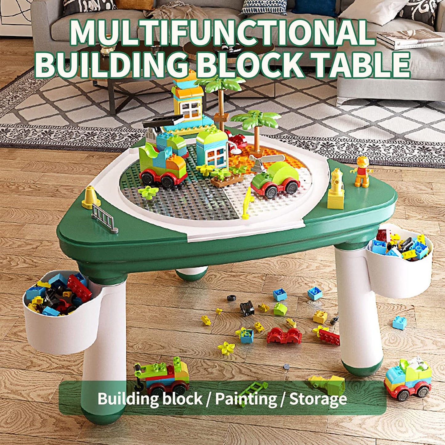 UNICOO Kids Multifunctional Building Block Table and Chair Set, Toddler Sand Table, Kids Drawing & Reading Activity Table with Storage Bucket