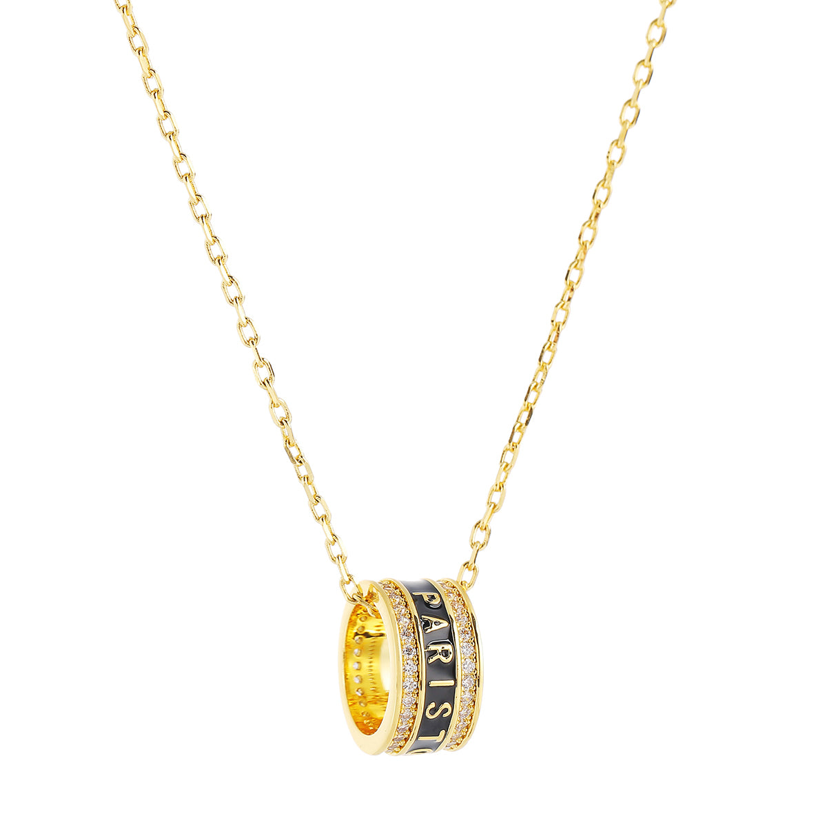 PARISTORY Gold-Tone Ring Pendant Necklace with Black Enamel and Sparkling Accents