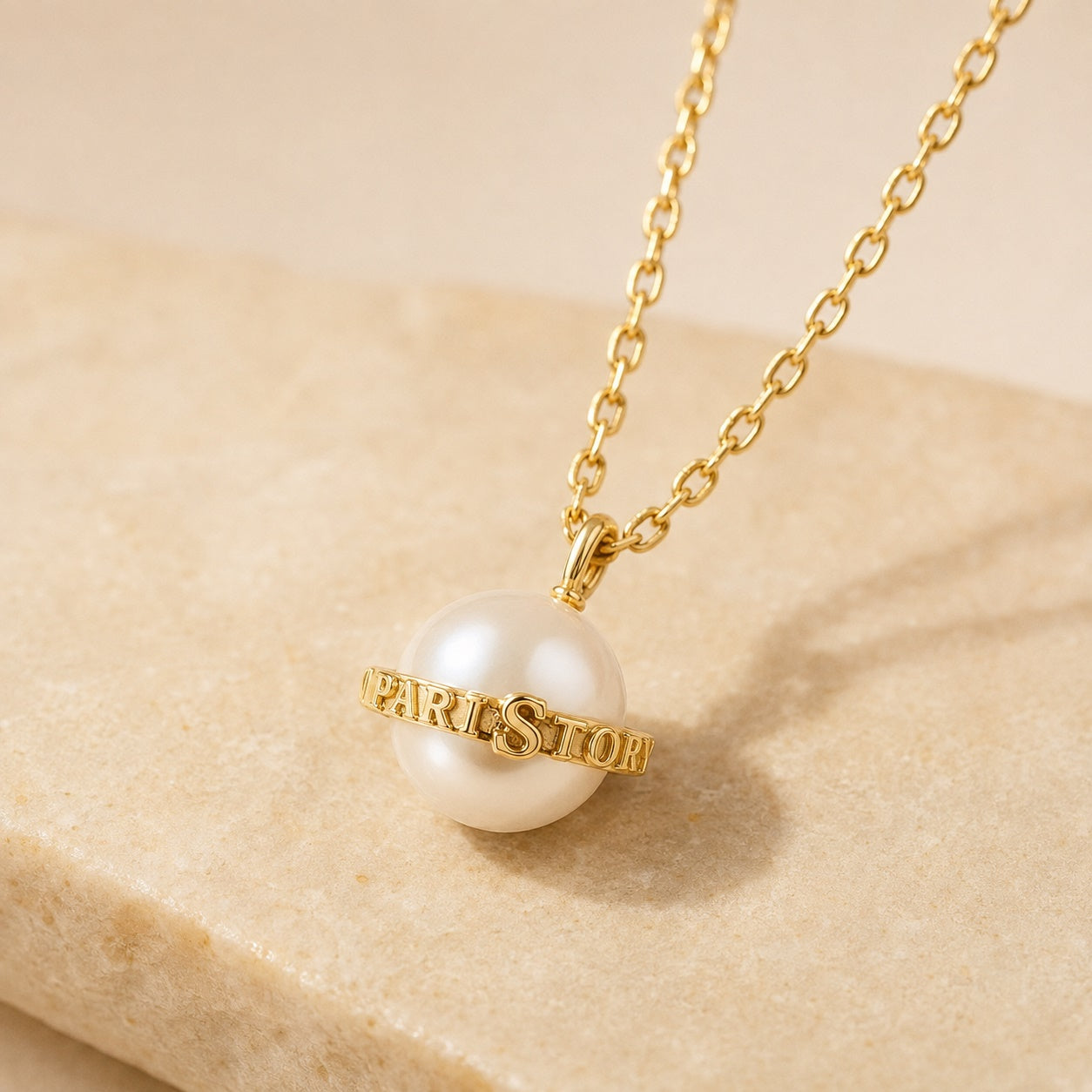 PARISTORY Gold-Tone Pearl Pendant Necklace with Signature Letter Band
