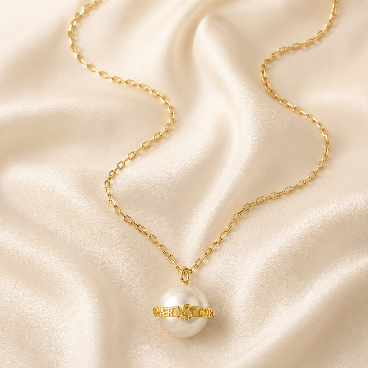 PARISTORY Gold-Tone Pearl Pendant Necklace with Signature Letter Band