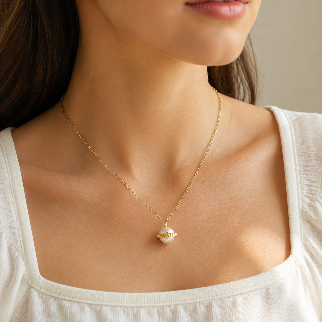 PARISTORY Gold-Tone Pearl Pendant Necklace with Signature Letter Band